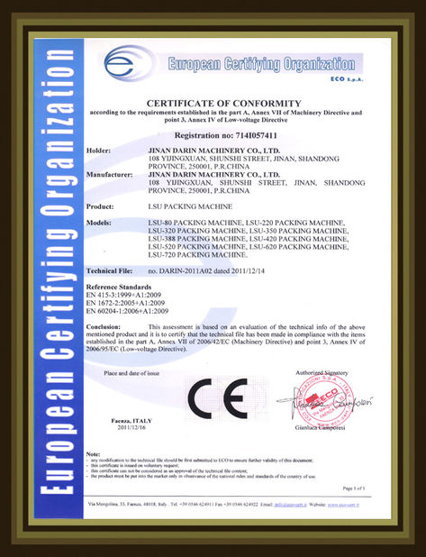 Chiny Jinan Darin Machinery Co., Ltd. Certyfikaty